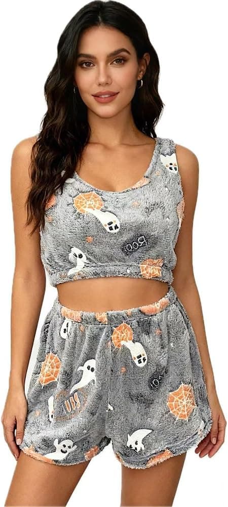 Halloween Pajamas Set for Women Flannel Glow-in-The-Dark Vest PJS Sleepwear