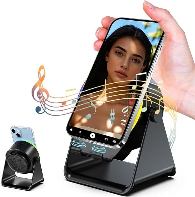 Wireless Induction Speaker, Cell Phone Stand with Bluetooth Speaker, Stereo Sound, RGB Ambient Light, Phone Holder Compatible with iPhone/iPad/Android/Samsung Galaxy-Black