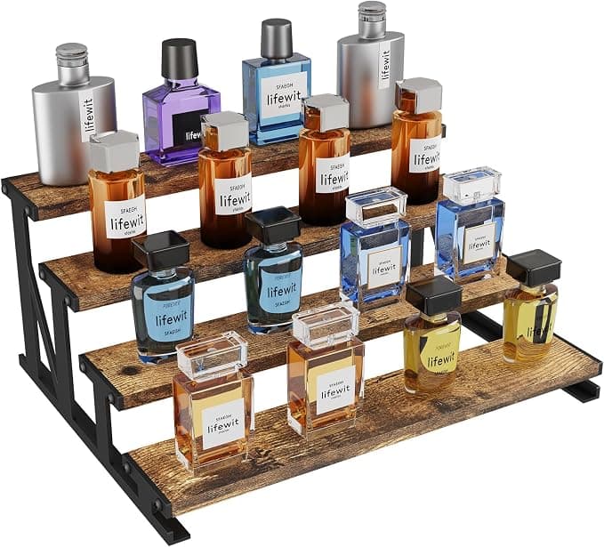 Lifewit 4-Tier Wooden Dispaly Riser with Metal Stand, 13.9 Inch Step Cologne Stand, Perfume Organizer, Display Shelf for Fragrance, Skincare, Figurine, Spice, Tabletop, Cabinet, 1 Set, Rustic Brown