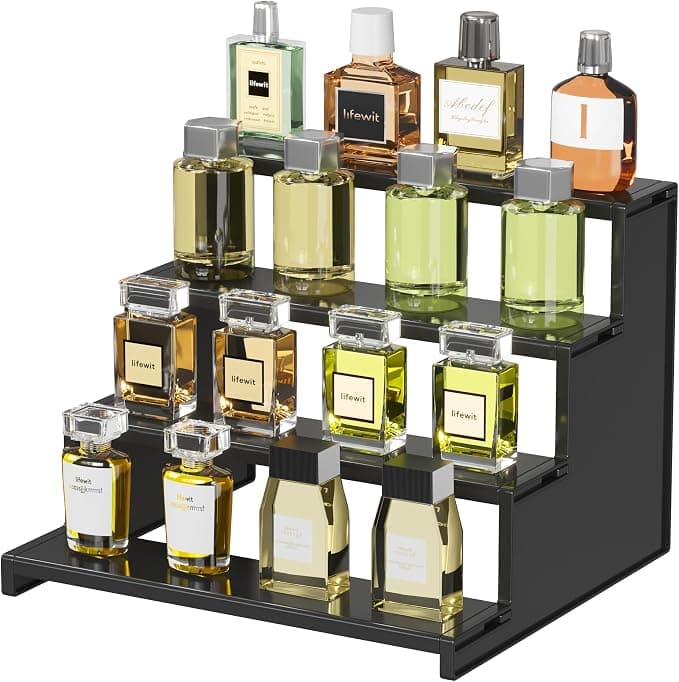 Lifewit Plastic 12 Inch Dark Cologne Stand, Step Perfume Organizer, Tool-free Assembly, Display Stand Shelf for Fragrance, Skincare, Figurine, Dessert, Use for Vanity, Tabletop, Cabinet, 1-Set